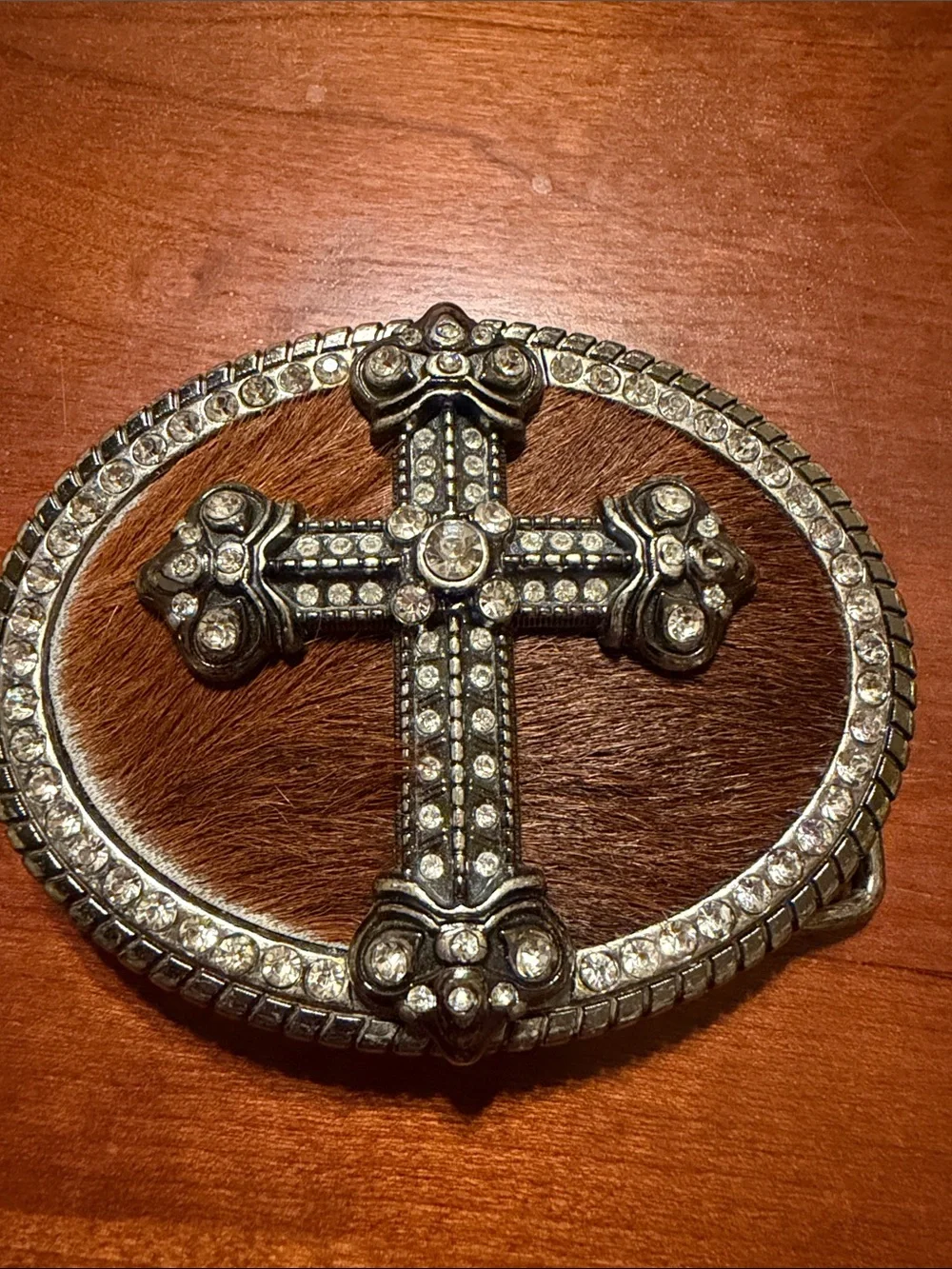 Rhinestone Cross Buckle Belt - Brown Fur with Silver Accents